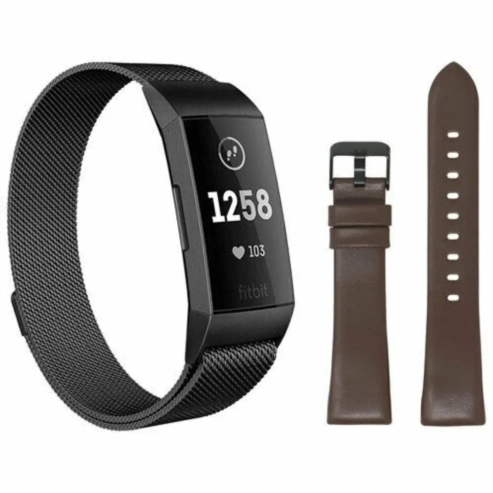 StrapsCo Leather/Stainless Steel Strap for Fitbit Charge 3 & 4 - Brown/B…